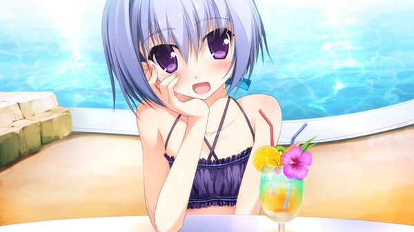 Anime picture 1920x1080 with berry's blush highres short hair wide image purple eyes bare shoulders game cg grey hair girl dress swimsuit drink pool