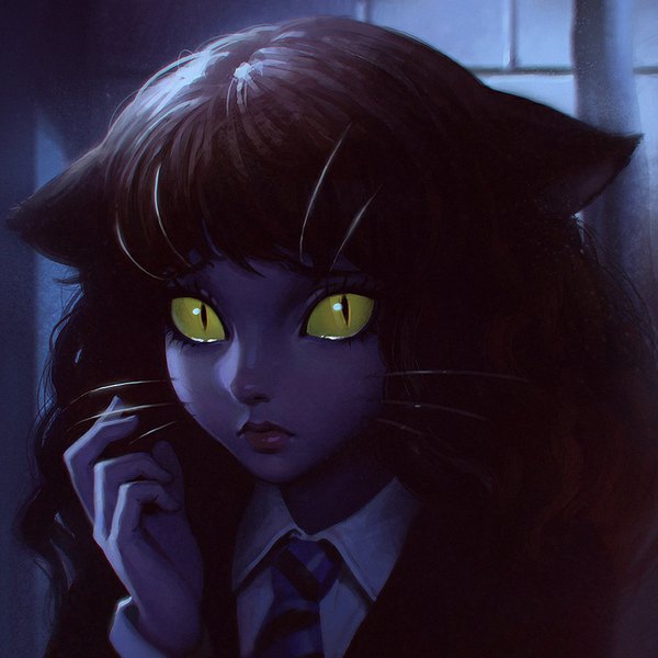 Anime picture 900x900 with harry potter hermione granger ilya kuvshinov single long hair looking at viewer brown hair animal ears yellow eyes cat ears wavy hair close-up cat eyes monsterification girl necktie whiskers