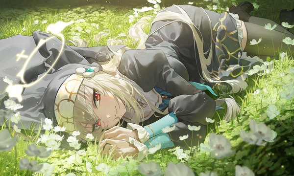 Anime picture 2248x1350 with blue archive sakurako (blue archive) ttk (kirinottk) single looking at viewer highres smile red eyes wide image silver hair outdoors lying very long hair puffy sleeves on side nun girl thighhighs flower (flowers) black thighhighs