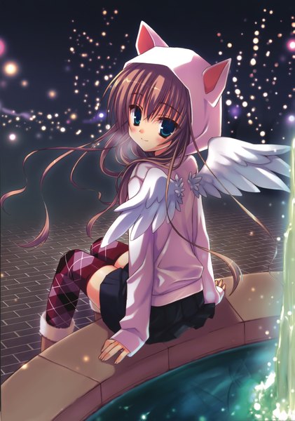 Anime picture 3261x4649 with original muririn single long hair tall image highres blue eyes brown hair sitting animal ears absurdres looking back night girl thighhighs skirt wings hood fireflies fountain