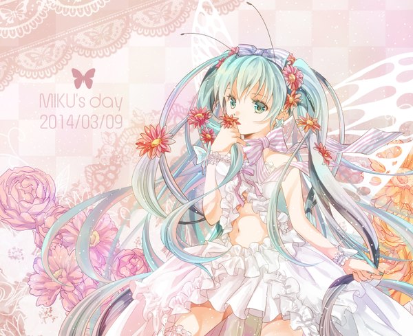 Anime picture 1500x1224 with vocaloid hatsune miku iroha (shiki) single twintails very long hair hair flower aqua eyes aqua hair insect wings butterfly wings girl dress hair ornament flower (flowers) bow hair bow wings