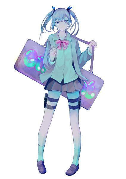 Anime picture 700x990 with original nanakawa (nanasoon) single long hair tall image looking at viewer fringe simple background standing white background twintails silver hair wind multicolored eyes girl uniform school uniform socks bag holster