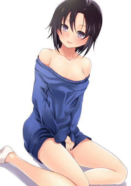 Anime picture 620x876 with idolmaster kikuchi makoto amasora taichi single tall image short hair light erotic black hair simple background smile white background purple eyes bare shoulders girl socks white socks