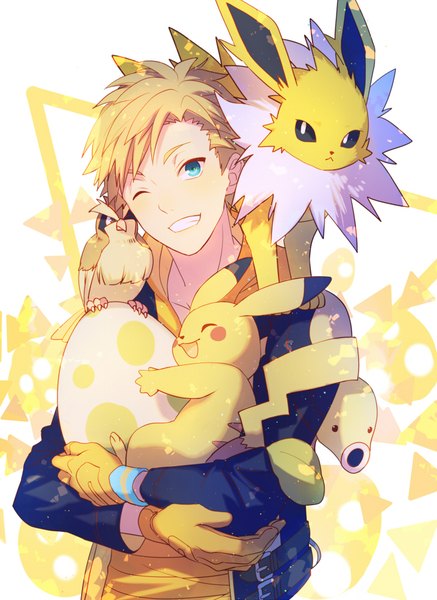 Anime picture 700x960 with pokemon pokemon (game) pokemon go nintendo pikachu jolteon bellsprout pidgey spark (pokemon) natural wind single tall image looking at viewer short hair blue eyes blonde hair smile one eye closed wink grin