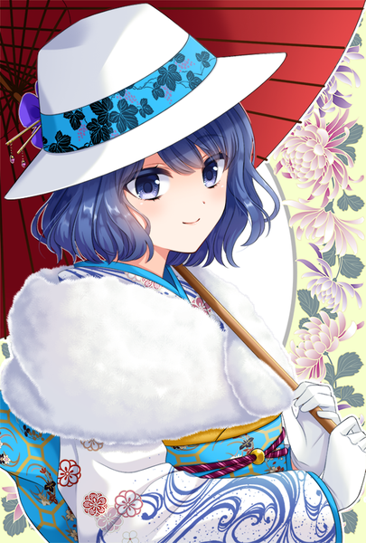 Anime picture 600x888 with virtual youtuber suntory suntory nomu ka10 120 single tall image looking at viewer blush fringe short hair blue eyes smile hair between eyes holding blue hair upper body traditional clothes japanese clothes wide sleeves floral print