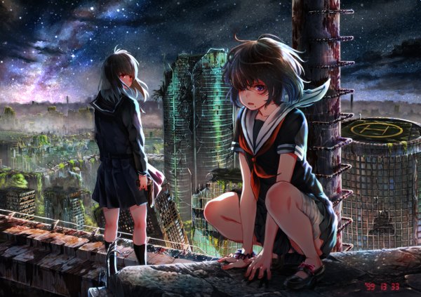 Anime picture 5016x3541 with original rei hnrchausu long hair looking at viewer fringe highres short hair open mouth blue eyes light erotic hair between eyes red eyes standing multiple girls holding absurdres sky ahoge bent knee (knees) outdoors