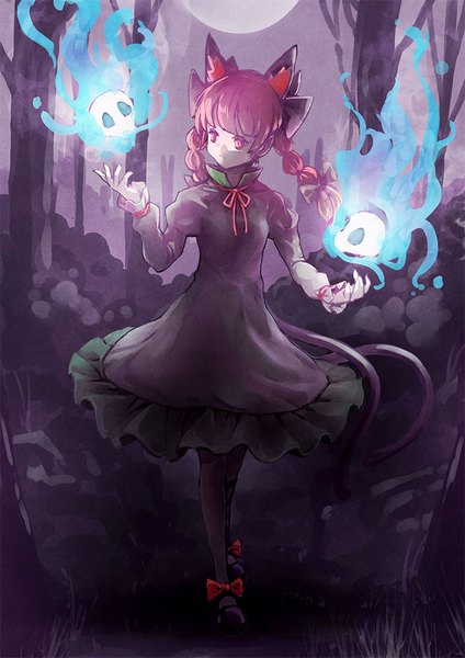Anime picture 707x1000 with touhou kaenbyou rin satyuas single long hair tall image red eyes animal ears looking away full body red hair tail braid (braids) animal tail cat ears cat girl cat tail twin braids multiple tails extra ears