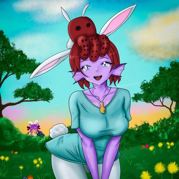 Anime picture 5906x5906 with original rainbow d fox long hair looking at viewer fringe highres breasts open mouth blue eyes smile standing multiple girls animal ears absurdres sky purple hair cloud (clouds) outdoors red hair tail