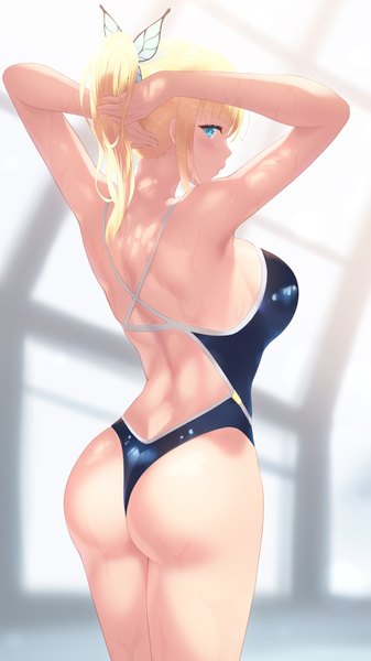 Anime picture 900x1600 with boku wa tomodachi ga sukunai kashiwazaki sena cait single long hair tall image looking at viewer blush breasts blue eyes light erotic blonde hair large breasts standing bare shoulders ass ponytail looking back from behind arms behind head