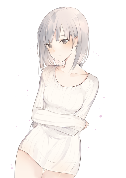 Anime picture 620x875 with original lpip single long hair tall image looking at viewer blush fringe simple background white background silver hair grey eyes thigh gap crossed arms girl dress white dress short dress sweater dress