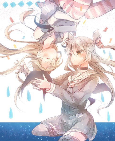 Anime picture 1000x1227 with kantai collection shimakaze destroyer rensouhou-chan amatsukaze destroyer amatsukaze (kantai collection) sugino (patrassyar) long hair tall image blush blonde hair multiple girls brown eyes eyes closed grey hair two side up upside down rotational symmetry girl thighhighs gloves