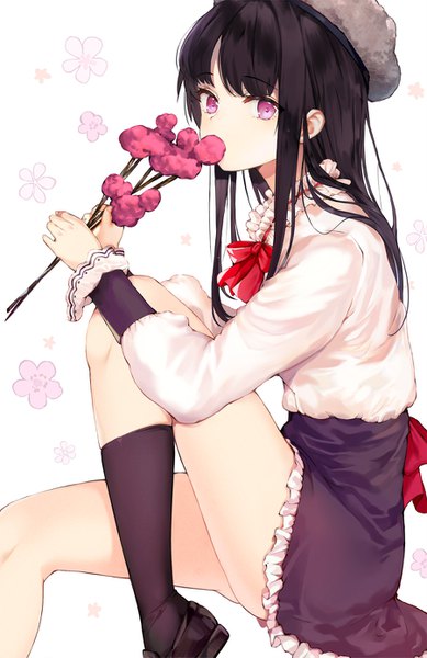 Anime picture 900x1387 with original aimee (origin) single long hair tall image looking at viewer blush fringe light erotic black hair simple background white background sitting holding payot pink eyes covered mouth girl skirt socks