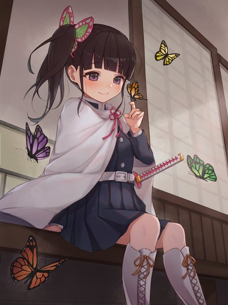Anime picture 1500x2005 with kimetsu no yaiba ufotable tsuyuri kanao lunia single long hair tall image blush fringe black hair smile sitting purple eyes payot blunt bangs arm support side ponytail looking down butterfly on hand girl