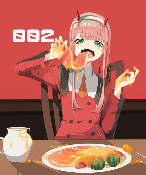 Anime picture 1230x1470 with darling in the franxx studio trigger zero two (darling in the franxx) narue single long hair tall image looking at viewer blush fringe open mouth holding green eyes pink hair upper body horn (horns) fang (fangs) character names eating food in mouth
