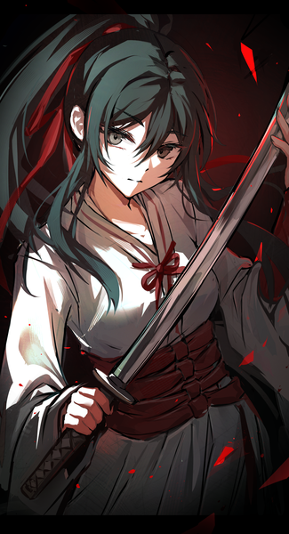 Anime picture 2000x3695 with jigokuraku mappa yamada asaemon sagiri luzzi (milllim) single long hair tall image looking at viewer fringe highres black hair hair between eyes ponytail traditional clothes head tilt japanese clothes from above black eyes girl weapon