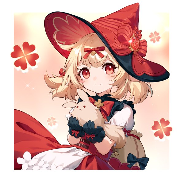 Anime picture 2480x2480 with genshin impact klee (genshin impact) dodoco (genshin impact) klee (blossoming starlight) (genshin impact) panpanmeiyou hp single long hair looking at viewer highres blonde hair smile red eyes official alternate costume border girl gloves bow hair bow hat black gloves