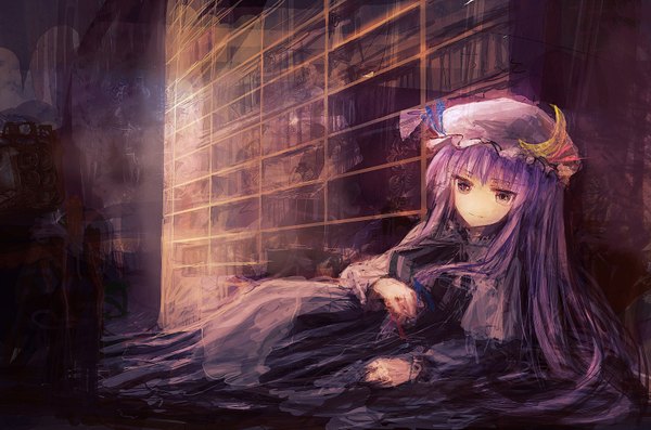 Anime picture 1700x1125 with touhou patchouli knowledge lm7 (op-center) long hair purple eyes purple hair crescent girl moon shelf bookshelf consept art