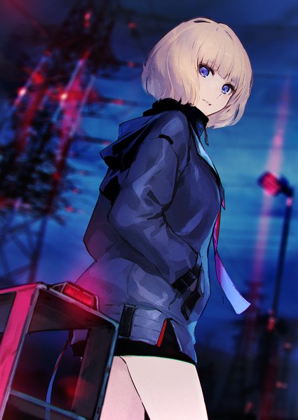 Anime picture 1062x1500 with original yuranpo single tall image looking at viewer fringe short hair blonde hair standing purple eyes outdoors blunt bangs parted lips head tilt blurry night depth of field night sky turning head glow