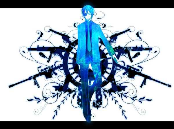Anime picture 1024x763 with vocaloid kaito (vocaloid) single short hair white background blue hair boy plant (plants) necktie gun eyepatch suit