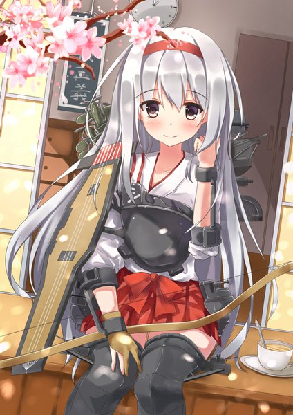 Anime picture 707x1000 with kantai collection shoukaku aircraft carrier suzuame yatsumi single long hair tall image looking at viewer blush fringe smile hair between eyes sitting brown eyes yellow eyes silver hair traditional clothes cherry blossoms adjusting hair girl thighhighs