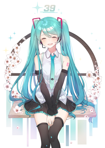 Anime picture 1290x1820 with vocaloid hatsune miku moffle (ayabi) single long hair tall image blush open mouth sitting twintails eyes closed aqua hair zettai ryouiki cherry blossoms ^ ^ 39 girl thighhighs flower (flowers) black thighhighs