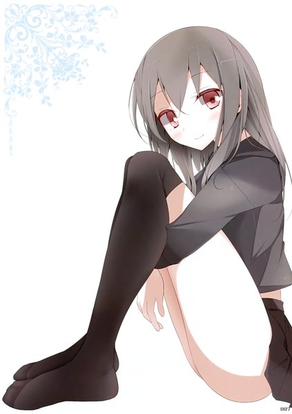 Anime picture 2470x3500 with original oouso (usotsukiya) single long hair tall image highres light erotic black hair simple background red eyes white background sitting scan no shoes girl thighhighs skirt black thighhighs miniskirt serafuku