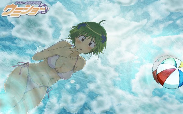 Anime picture 2560x1600 with kenkou zenrakei suieibu umishou blush highres light erotic wide image green hair girl swimsuit bikini white bikini