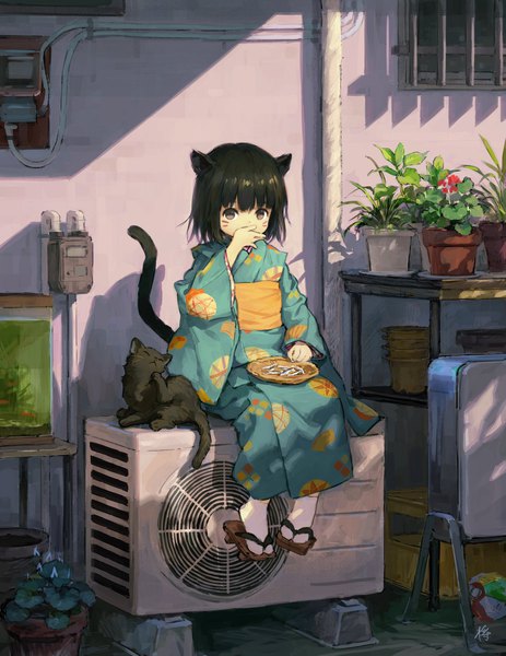 Anime picture 1544x2000 with original shipi-chan sho (sho lwlw) single tall image looking at viewer fringe short hair black hair sitting brown eyes signed animal ears full body outdoors tail long sleeves traditional clothes japanese clothes animal tail