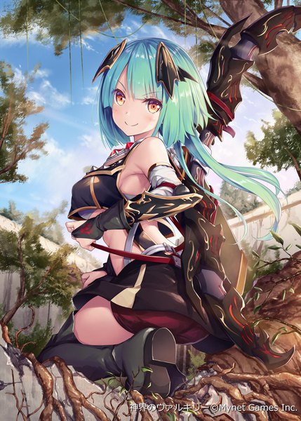 Anime picture 643x900 with shinkai no valkyrie minister prikat akkijin single long hair tall image looking at viewer blush fringe breasts light erotic smile large breasts holding yellow eyes sky cleavage cloud (clouds) ass outdoors
