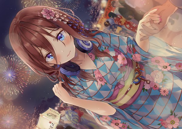 Anime picture 4096x2896 with go-toubun no hanayome nakano miku saya (mychristian2) long hair looking at viewer blush fringe highres breasts blue eyes hair between eyes brown hair standing absurdres nail polish traditional clothes japanese clothes fingernails night dutch angle
