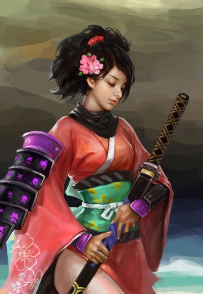 Anime picture 872x1262 with oboro muramasa (game) vanillaware momohime yangzheyy single tall image black hair holding eyes closed traditional clothes japanese clothes profile hair flower lips realistic sheathed samurai girl hair ornament flower (flowers)