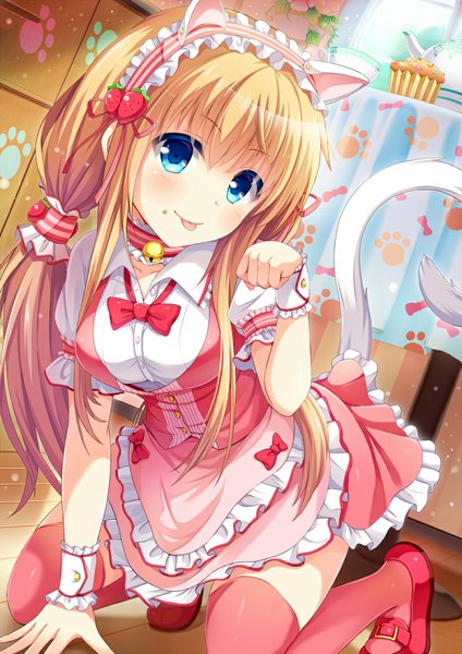 Anime picture 800x1131 with original noe noel single long hair tall image looking at viewer blush blue eyes blonde hair animal ears tail animal tail cat ears cat girl cat tail girl thighhighs dress bow