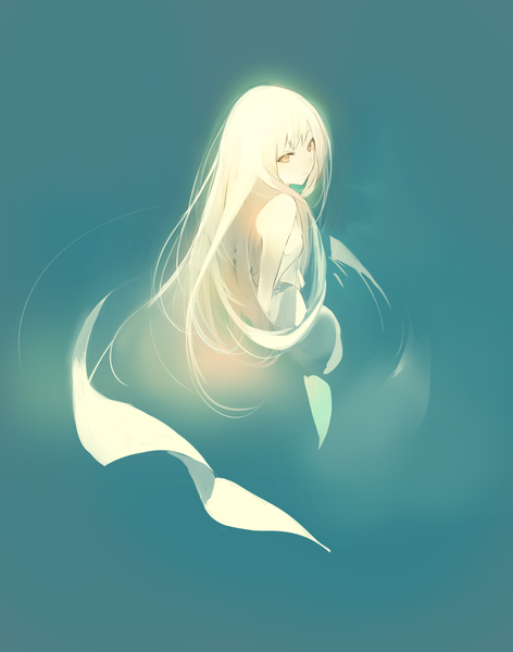 Anime picture 1000x1271 with original lpip single long hair tall image looking at viewer fringe breasts simple background blonde hair yellow eyes upper body looking back from above from behind glow green background polychromatic girl