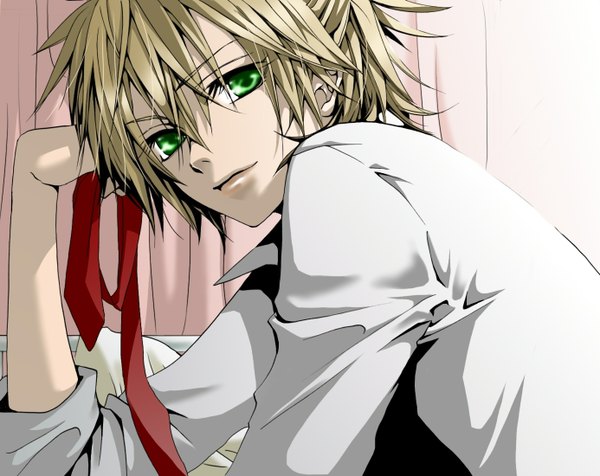 Anime picture 1386x1100 with vocaloid kagamine len single looking at viewer short hair blonde hair green eyes light smile reclining boy shirt necktie curtains