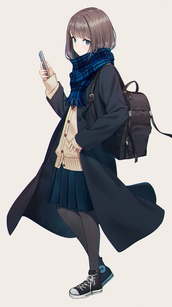 Anime picture 750x1334 with original converse hyuuga azuri single tall image looking at viewer fringe short hair blue eyes simple background brown hair standing holding full body blunt bangs long sleeves pleated skirt open clothes sleeves past wrists girl