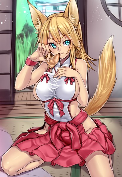Anime picture 692x1000 with original houtengeki single long hair tall image looking at viewer blush breasts blue eyes light erotic blonde hair smile large breasts sitting bare shoulders animal ears tail traditional clothes japanese clothes animal tail