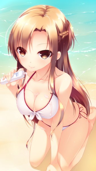 Anime picture 900x1600 with sword art online a-1 pictures yuuki asuna shokuyou mogura single long hair tall image looking at viewer breasts light erotic smile brown hair brown eyes from above beach sand girl swimsuit bikini water
