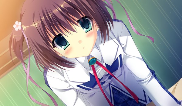 Anime picture 1024x600 with da capo iii katsuragi himeno takano yuki (allegro mistic) blush short hair blue eyes brown hair wide image game cg girl uniform ribbon (ribbons) hair ribbon school uniform