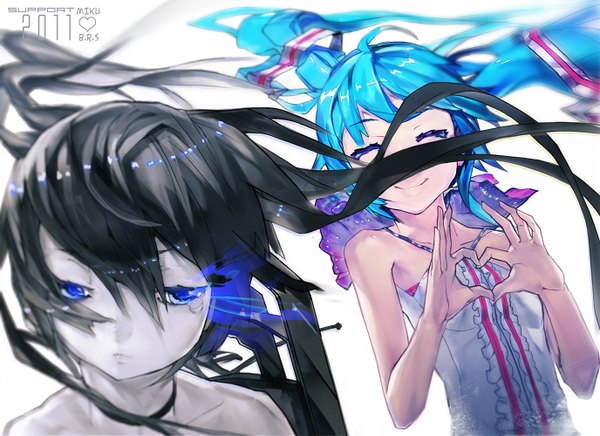 Anime picture 1376x1000 with black rock shooter vocaloid hatsune miku black rock shooter (character) el-zheng long hair blue eyes black hair smile twintails bare shoulders multiple girls blue hair eyes closed tears glowing glowing eye (eyes) pale skin heart hands girl