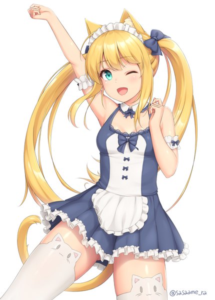 Anime picture 760x1060 with original sasaame single long hair tall image looking at viewer blush fringe open mouth blonde hair simple background standing white background twintails signed animal ears payot tail blunt bangs animal tail