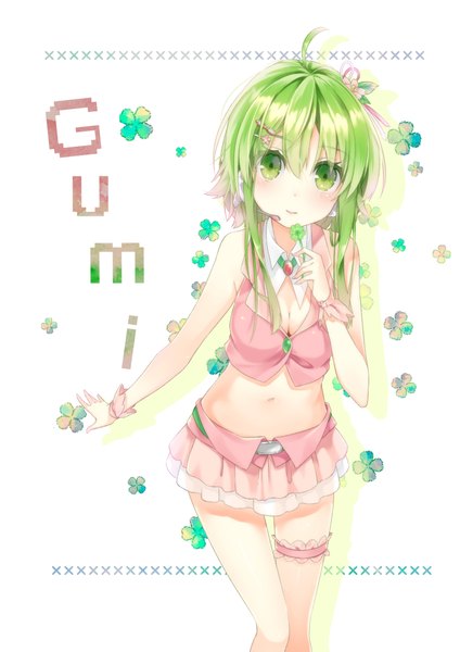 Anime picture 2894x4093 with vocaloid gumi tika (mika4975) single tall image looking at viewer blush highres short hair green eyes ahoge green hair light smile bare belly character names girl skirt navel hair ornament miniskirt