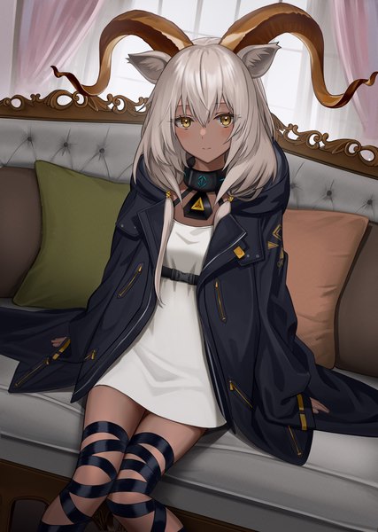 Anime picture 2878x4041 with arknights beeswax (arknights) kit single long hair tall image looking at viewer blush fringe highres hair between eyes sitting animal ears yellow eyes silver hair indoors horn (horns) open jacket dark skin girl