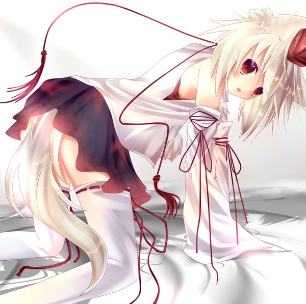 Anime picture 2340x2330 with touhou inubashiri momiji kurpre-kuroneko (artist) highres short hair simple background red eyes animal ears white hair animal tail on all fours girl thighhighs detached sleeves white thighhighs tokin hat