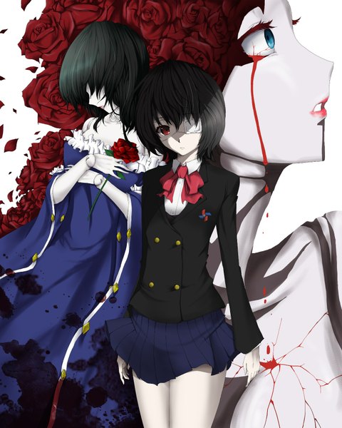 Anime picture 1364x1703 with another p.a. works misaki mei tall image short hair black hair red eyes girl skirt uniform flower (flowers) school uniform rose (roses) eyepatch