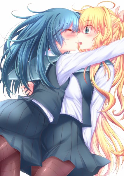 Anime picture 1074x1517 with original alfred long hair tall image blush breasts open mouth blue eyes simple background blonde hair large breasts white background multiple girls blue hair eyes closed embarrassed hug shoujo ai almost kiss girl