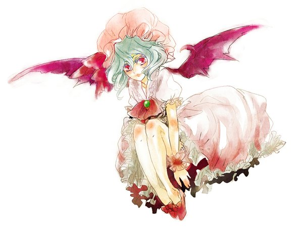 Anime picture 1024x768 with touhou remilia scarlet shiba roken short hair red eyes blue hair bat wings girl hat wings