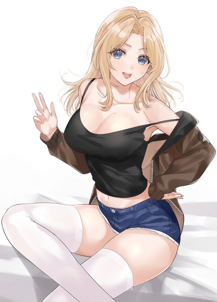 Anime picture 1447x2015 with girls und panzer kay (girls und panzer) mexif single long hair tall image looking at viewer breasts open mouth blue eyes light erotic blonde hair large breasts sitting cleavage :d open jacket midriff hand on hip strap slip