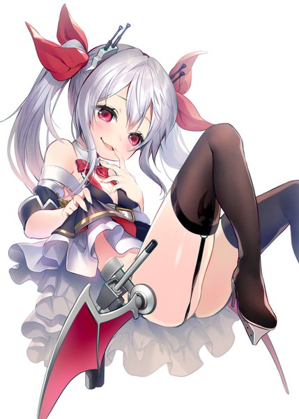Anime picture 1000x1397 with azur lane vampire (azur lane) shirako sei single long hair tall image looking at viewer blush fringe light erotic simple background hair between eyes red eyes white background twintails bare shoulders payot silver hair finger to mouth midair