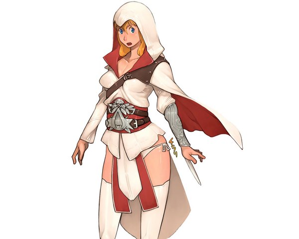 Anime picture 1024x819 with assassin's creed (game) single blush short hair open mouth blue eyes light erotic simple background blonde hair white background girl thighhighs weapon white thighhighs hood cloak dagger