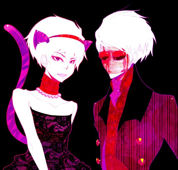 Anime picture 1280x1226 with homestuck dave strider rose lalonde spazmaggot short hair simple background smile bare shoulders animal ears white hair tail animal tail pink eyes cat ears cat tail black background girl dress boy choker
